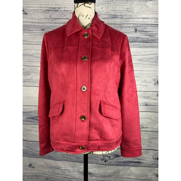 Chicos 0 Faux Suede Jacket Womens S Long Sleeve Collared Front Pockets Magenta - Picture 1 of 12
